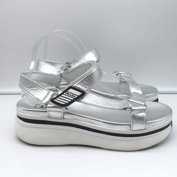 Prada Platform Ankle Strap Sandals Silver Metallic Leather Size 41 - Picture 2 of 11